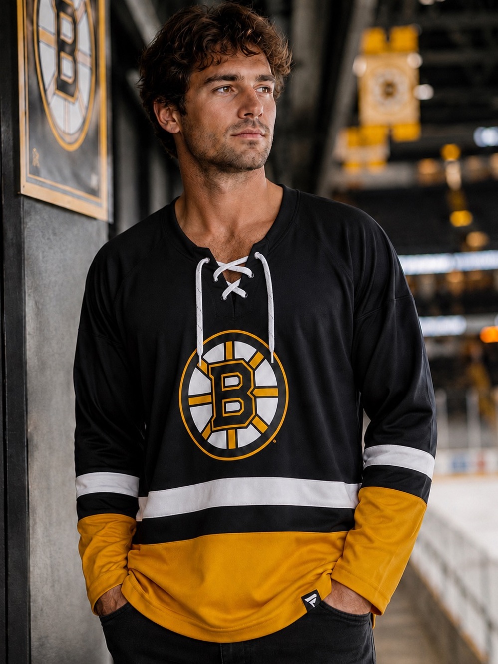 Fanatics Boston Bruins Men’s Hockey Jersey Shirt S Black Yellow NHL Lace-Up EUC